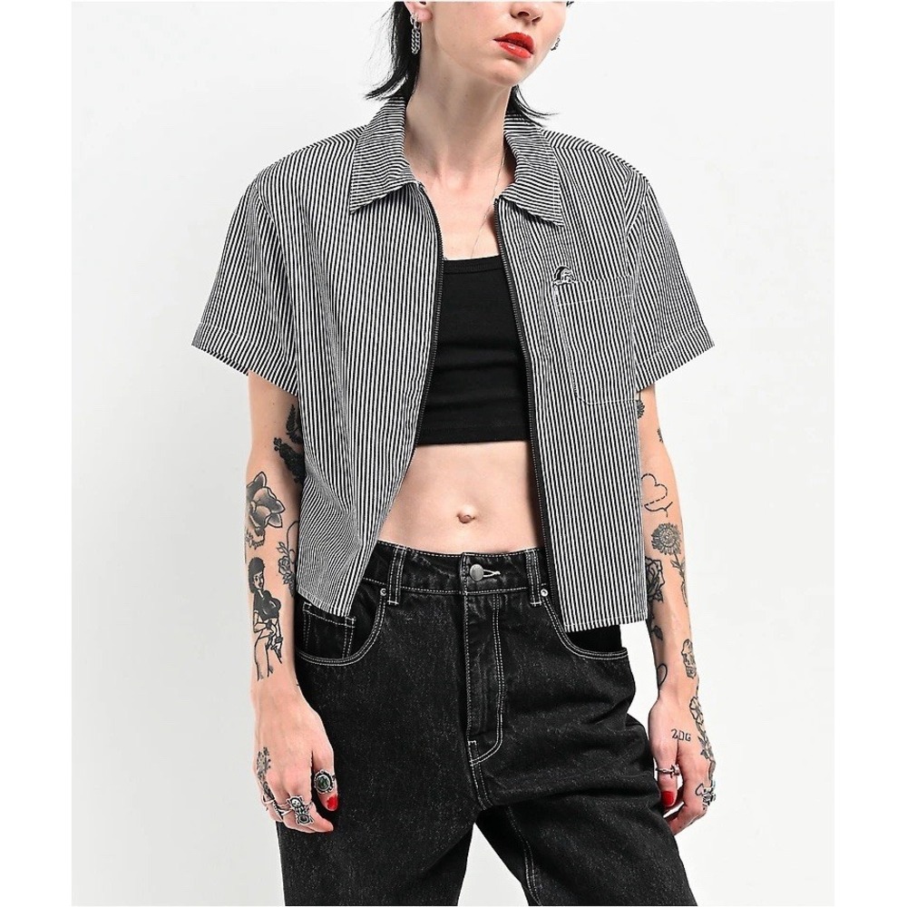 Lurking Class by Sketchy Tank Lurker Black & White Stripe Crop Work Shirt Medium